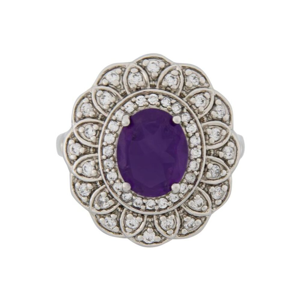 Gold Coast Platinum Plated Oval Cut Genuine Amethyst Ring with CZ Halo, Size 9